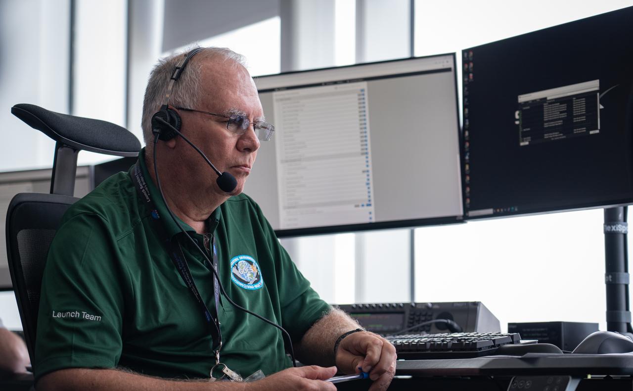 Rex Engelhardt, mission manager for NASA’s Launch Services Program, participates in rehearsal launch operations for the National Oceanic and Atmospheric Administration (NOAA) GOES-U (Geostationary Operational Environmental Satellite U) mission inside Hangar X at NASA’s Kennedy Space Center in Florida on Monday, June 17, 2024. The GOES-U satellite, the final addition to GOES-R series, serves a critical role in providing continuous coverage of the Western Hemisphere, including monitoring tropical systems in the eastern Pacific and Atlantic oceans. 