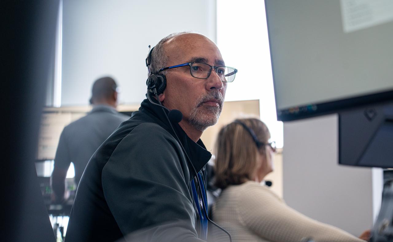 Albert Sierra, program manager for NASA’s Launch Services Program, participates in rehearsal launch operations for the National Oceanic and Atmospheric Administration (NOAA) GOES-U (Geostationary Operational Environmental Satellite U) mission inside Hangar X at NASA’s Kennedy Space Center in Florida on Monday, June 17, 2024. The GOES-U satellite, the final addition to GOES-R series, serves a critical role in providing continuous coverage of the Western Hemisphere, including monitoring tropical systems in the eastern Pacific and Atlantic oceans. 