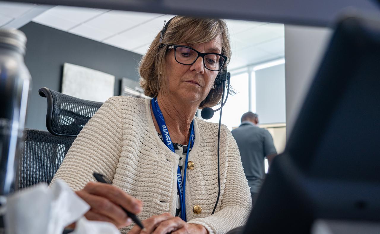 Jenny Lyons, deputy program manager for NASA’s Launch Services Program, participates in rehearsal launch operations for the National Oceanic and Atmospheric Administration (NOAA) GOES-U (Geostationary Operational Environmental Satellite U) mission inside Hangar X at NASA’s Kennedy Space Center in Florida on Monday, June 17, 2024. The GOES-U satellite, the final addition to GOES-R series, serves a critical role in providing continuous coverage of the Western Hemisphere, including monitoring tropical systems in the eastern Pacific and Atlantic oceans. 