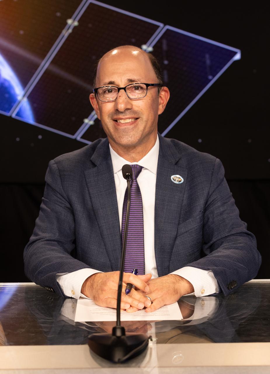 John Gagosian, director, Joint Agency Satellite Division, participates in a prelaunch news conference on Monday, June 24, 2024, at NASA’s Kennedy Space Center in Florida to discuss National Oceanic and Atmospheric Administration (NOAA) GOES-U (Geostationary Operational Environmental Satellite U) mission. The GOES-U satellite is the final addition to GOES-R series, which serves a critical role in providing continuous coverage of the Western Hemisphere, including monitoring tropical systems in the eastern Pacific and Atlantic oceans. The two-hour launch window opens at 5:16 p.m. EDT Tuesday, June 25, for the satellite’s launch on a SpaceX Falcon Heavy rocket from Launch Complex 39A at NASA’s Kennedy Space Center in Florida.