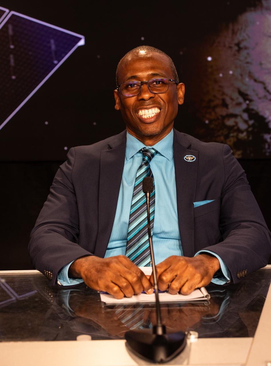 Denton Gibson, launch director, Launch Services Program, NASA, participates in a prelaunch news conference on Monday, June 24, 2024, at NASA’s Kennedy Space Center in Florida to discuss National Oceanic and Atmospheric Administration (NOAA) GOES-U (Geostationary Operational Environmental Satellite U) mission. The GOES-U satellite is the final addition to GOES-R series, which serves a critical role in providing continuous coverage of the Western Hemisphere, including monitoring tropical systems in the eastern Pacific and Atlantic oceans. The two-hour launch window opens at 5:16 p.m. EDT Tuesday, June 25, for the satellite’s launch on a SpaceX Falcon Heavy rocket from Launch Complex 39A at NASA’s Kennedy Space Center in Florida.