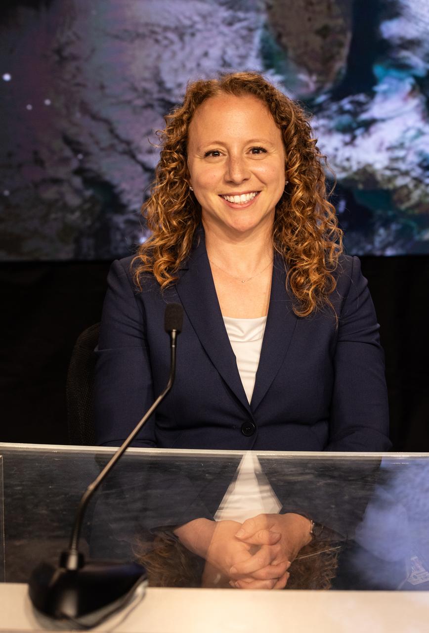 Julianna Scheiman, director, NASA Science Missions, SpaceX, participates in a prelaunch news conference on Monday, June 24, 2024, at NASA’s Kennedy Space Center in Florida to discuss National Oceanic and Atmospheric Administration (NOAA) GOES-U (Geostationary Operational Environmental Satellite U) mission. The GOES-U satellite is the final addition to GOES-R series, which serves a critical role in providing continuous coverage of the Western Hemisphere, including monitoring tropical systems in the eastern Pacific and Atlantic oceans. The two-hour launch window opens at 5:16 p.m. EDT Tuesday, June 25, for the satellite’s launch on a SpaceX Falcon Heavy rocket from Launch Complex 39A at NASA’s Kennedy Space Center in Florida.