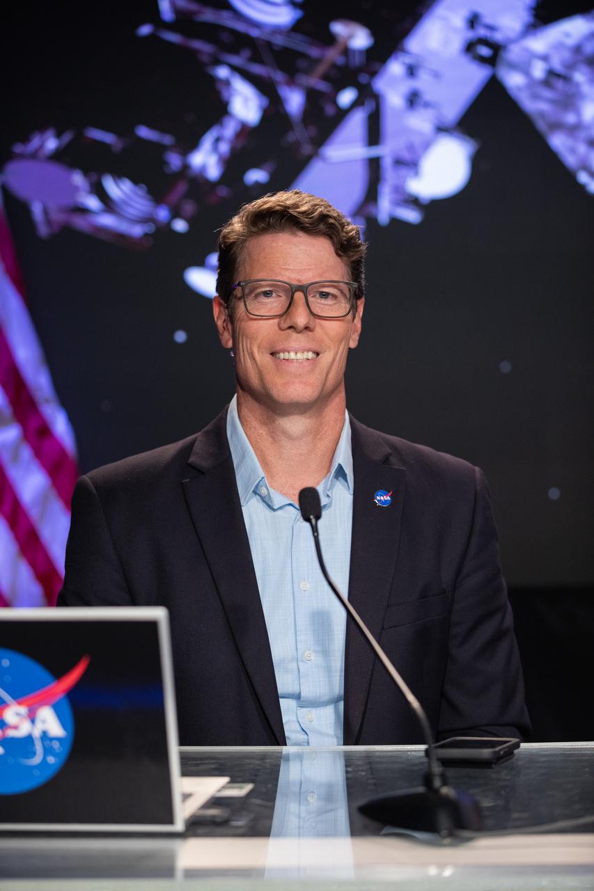 Derrol Nail, NASA Communications, participates in a science briefing on Monday, June 24, 2024, at NASA’s Kennedy Space Center in Florida to discuss National Oceanic and Atmospheric Administration (NOAA) GOES-U (Geostationary Operational Environmental Satellite U) mission. The GOES-U satellite is the final addition to GOES-R series, which serves a critical role in providing continuous coverage of the Western Hemisphere, including monitoring tropical systems in the eastern Pacific and Atlantic oceans. The two-hour launch window opens at 5:16 p.m. EDT Tuesday, June 25, for the satellite’s launch on a SpaceX Falcon Heavy rocket from Launch Complex 39A at NASA’s Kennedy Space Center in Florida.