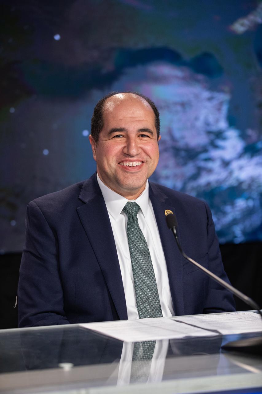 Elsayed Talaat, director, NOAA’s Office of Space Weather Observations, participates in a science briefing on Monday, June 24, 2024, at NASA’s Kennedy Space Center in Florida to discuss National Oceanic and Atmospheric Administration (NOAA) GOES-U (Geostationary Operational Environmental Satellite U) mission. The GOES-U satellite is the final addition to GOES-R series, which serves a critical role in providing continuous coverage of the Western Hemisphere, including monitoring tropical systems in the eastern Pacific and Atlantic oceans. The two-hour launch window opens at 5:16 p.m. EDT Tuesday, June 25, for the satellite’s launch on a SpaceX Falcon Heavy rocket from Launch Complex 39A at NASA’s Kennedy Space Center in Florida.