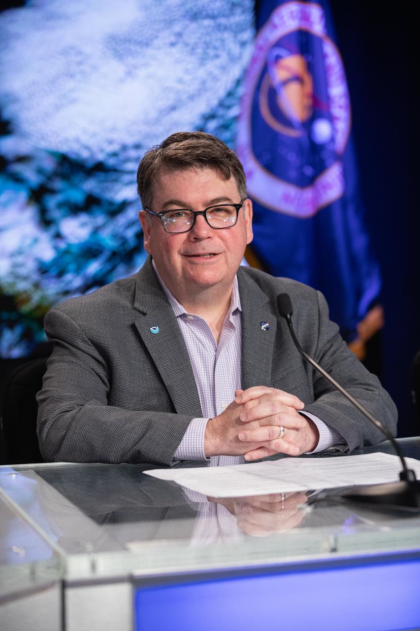 Charles Webb, deputy director, Joint Agency Satellite Division, NASA, participates in a science briefing on Monday, June 24, 2024, at NASA’s Kennedy Space Center in Florida to discuss National Oceanic and Atmospheric Administration (NOAA) GOES-U (Geostationary Operational Environmental Satellite U) mission. The GOES-U satellite is the final addition to GOES-R series, which serves a critical role in providing continuous coverage of the Western Hemisphere, including monitoring tropical systems in the eastern Pacific and Atlantic oceans. The two-hour launch window opens at 5:16 p.m. EDT Tuesday, June 25, for the satellite’s launch on a SpaceX Falcon Heavy rocket from Launch Complex 39A at NASA’s Kennedy Space Center in Florida.
