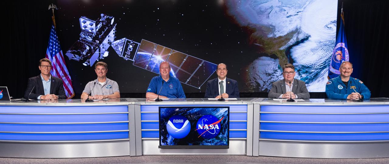 Officials from NASA and National Oceanic and Atmospheric Administration (NOAA) participate in a science briefing on Monday, June 24, 2024, at NASA’s Kennedy Space Center in Florida for the launch of GOES-U (Geostationary Operational Environmental Satellite U) mission. From left to right, Derrol Nail, NASA Communications; Dan Lindsey, chief scientist, GOES-R Program, NOAA; Ken Graham, director, NOAA’s National Weather Service; Elsayed Talaat, director, NOAA’s Office of Space Weather Observations; Charles Webb, deputy director, Joint Agency Satellite Division, NASA; Chris Wood, NOAA Hurricane Hunter pilot. The two-hour launch window opens at 5:16 p.m. EDT Tuesday, June 25, for the satellite’s launch on a SpaceX Falcon Heavy rocket from Launch Complex 39A at NASA’s Kennedy Space Center in Florida.