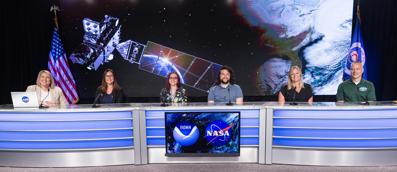 Officials from NASA, National Oceanic and Atmospheric Administration (NOAA), and other mission managers participate in a social panel on Monday, June 24, 2024, at NASA’s Kennedy Space Center in Florida for the launch of GOES-U (Geostationary Operational Environmental Satellite U) mission. From left to right, Leah Martin, NASA Communications; Ellen Ramirez, deputy division chief, Mission Operations Division, National Environmental Satellite, Data, and Information Service Office of Satellite and Product Operations, NOAA; Jade Zsiros, telemetry engineer, NASA’s Launch Services Program; Dakota Smith, satellite analyst and communicator, NOAA’s Cooperative Institute for Research in the Atmosphere; Allana Nepomuceno, senior manager, GOES-U Assembly, Test, and Launch Operations, Lockheed Martin; Chris Reith, program manager, Advanced Baseline Imager, L3Harris Technologies. The two-hour launch window opens at 5:16 p.m. EDT Tuesday, June 25, for the satellite’s launch on a SpaceX Falcon Heavy rocket from Launch Complex 39A at NASA’s Kennedy Space Center in Florida. 