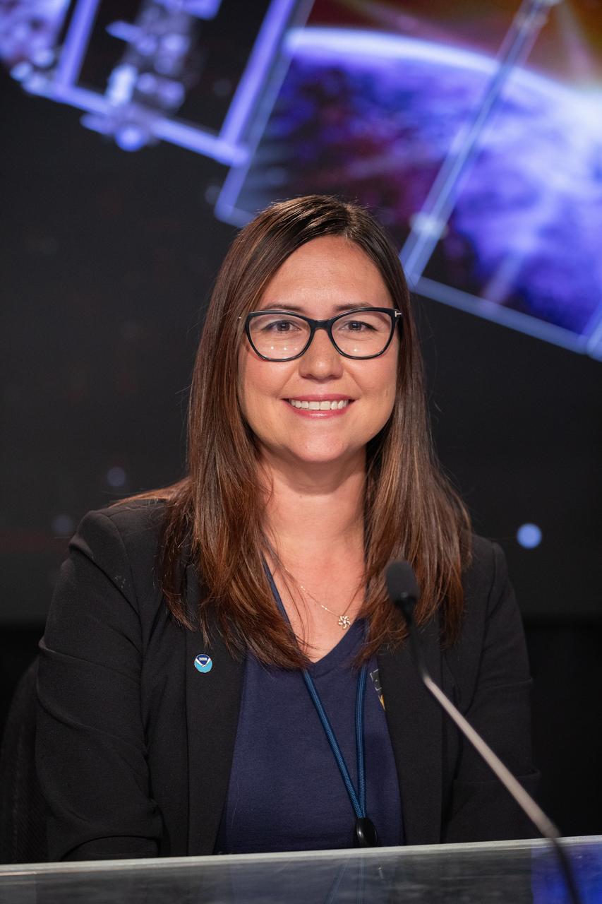 Ellen Ramirez, deputy division chief, Mission Operations Division, National Environmental Satellite, Data, and Information Service Office of Satellite and Product Operations, NOAA, participates in a social panel on Monday, June 24, 2024, at NASA’s Kennedy Space Center in Florida to discuss National Oceanic and Atmospheric Administration (NOAA) GOES-U (Geostationary Operational Environmental Satellite U) mission. The GOES-U satellite is the final addition to GOES-R series, which serves a critical role in providing continuous coverage of the Western Hemisphere, including monitoring tropical systems in the eastern Pacific and Atlantic oceans. The two-hour launch window opens at 5:16 p.m. EDT Tuesday, June 25, for the satellite’s launch on a SpaceX Falcon Heavy rocket from Launch Complex 39A at NASA’s Kennedy Space Center in Florida. 