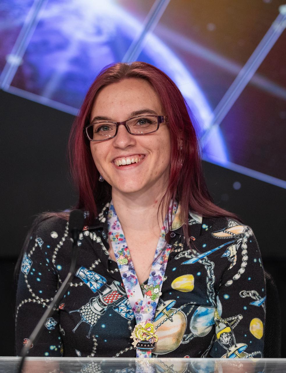 Jade Zsiros, telemetry engineer, NASA’s Launch Services Program, participates in a social panel on Monday, June 24, 2024, at NASA’s Kennedy Space Center in Florida to discuss National Oceanic and Atmospheric Administration (NOAA) GOES-U (Geostationary Operational Environmental Satellite U) mission. The GOES-U satellite is the final addition to GOES-R series, which serves a critical role in providing continuous coverage of the Western Hemisphere, including monitoring tropical systems in the eastern Pacific and Atlantic oceans. The two-hour launch window opens at 5:16 p.m. EDT Tuesday, June 25, for the satellite’s launch on a SpaceX Falcon Heavy rocket from Launch Complex 39A at NASA’s Kennedy Space Center in Florida.