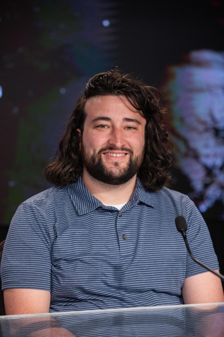 Dakota Smith, satellite analyst and communicator, NOAA’s Cooperative Institute for Research in the Atmosphere, participates in a social panel on Monday, June 24, 2024, at NASA’s Kennedy Space Center in Florida to discuss National Oceanic and Atmospheric Administration (NOAA) GOES-U (Geostationary Operational Environmental Satellite U) mission. The GOES-U satellite is the final addition to GOES-R series, which serves a critical role in providing continuous coverage of the Western Hemisphere, including monitoring tropical systems in the eastern Pacific and Atlantic oceans. The two-hour launch window opens at 5:16 p.m. EDT Tuesday, June 25, for the satellite’s launch on a SpaceX Falcon Heavy rocket from Launch Complex 39A at NASA’s Kennedy Space Center in Florida. 