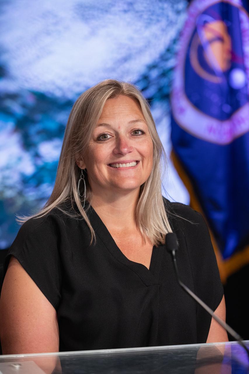 Allana Nepomuceno, senior manager, GOES-U Assembly, Test, and Launch Operations, Lockheed Martin, participates in a social panel on Monday, June 24, 2024, at NASA’s Kennedy Space Center in Florida to discuss National Oceanic and Atmospheric Administration (NOAA) GOES-U (Geostationary Operational Environmental Satellite U) mission. The GOES-U satellite is the final addition to GOES-R series, which serves a critical role in providing continuous coverage of the Western Hemisphere, including monitoring tropical systems in the eastern Pacific and Atlantic oceans. The two-hour launch window opens at 5:16 p.m. EDT Tuesday, June 25, for the satellite’s launch on a SpaceX Falcon Heavy rocket from Launch Complex 39A at NASA’s Kennedy Space Center in Florida.