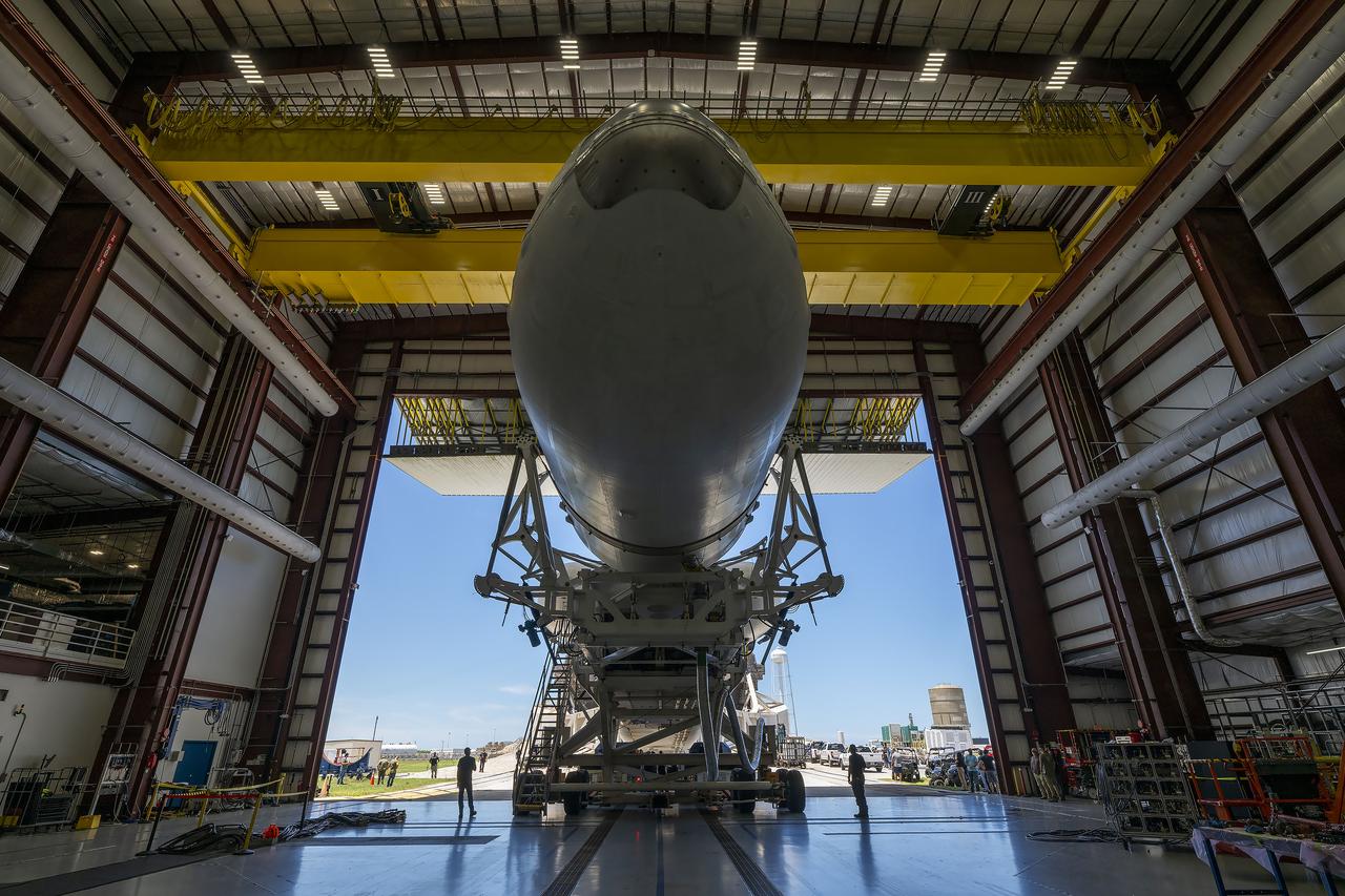 A SpaceX Falcon Heavy rocket carrying the National Oceanic and Atmospheric Administration (NOAA) GOES-U (Geostationary Operational Environmental Satellite U) moves from the hangar to the launch pad at Space Launch Complex 39A at NASA’s Kennedy Space Center in Florida on Monday, June 24, 2024. The GOES-U satellite is the final satellite in the GOES-R series, which serves a critical role in providing continuous coverage of the Western Hemisphere, including monitoring tropical systems in the eastern Pacific and Atlantic oceans. The two-hour launch window opens at 5:16 p.m. EDT Tuesday, June 25.