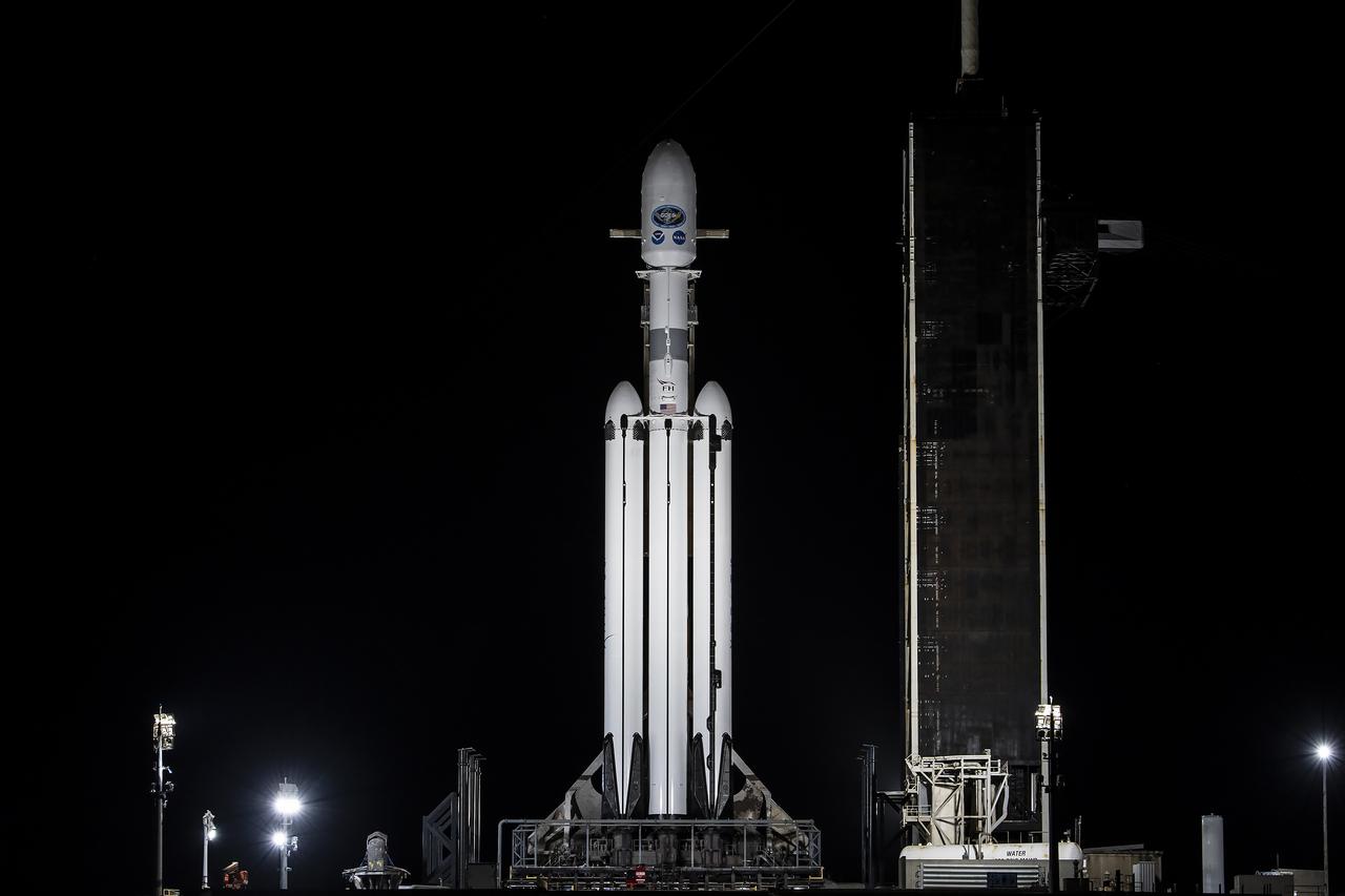 A SpaceX Falcon Heavy rocket carrying the National Oceanic and Atmospheric Administration (NOAA) GOES-U (Geostationary Operational Environmental Satellite U) stands vertical at Launch Complex 39A at NASA’s Kennedy Space Center in Florida on Monday, June 24, 2024. The GOES-U satellite is the final satellite in the GOES-R series, which serves a critical role in providing continuous coverage of the Western Hemisphere, including monitoring tropical systems in the eastern Pacific and Atlantic oceans. The two-hour launch window opens at 5:16 p.m. EDT. on Tuesday, June 25, 2024.