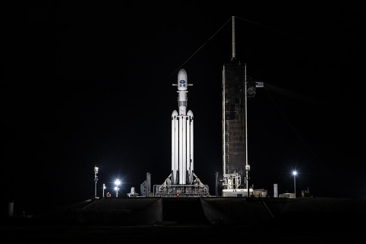 A SpaceX Falcon Heavy rocket carrying the National Oceanic and Atmospheric Administration (NOAA) GOES-U (Geostationary Operational Environmental Satellite U) stands vertical at Launch Complex 39A at NASA’s Kennedy Space Center in Florida on Monday, June 24, 2024. The GOES-U satellite is the final satellite in the GOES-R series, which serves a critical role in providing continuous coverage of the Western Hemisphere, including monitoring tropical systems in the eastern Pacific and Atlantic oceans. The two-hour launch window opens at 5:16 p.m. EDT. on Tuesday, June 25, 2024.