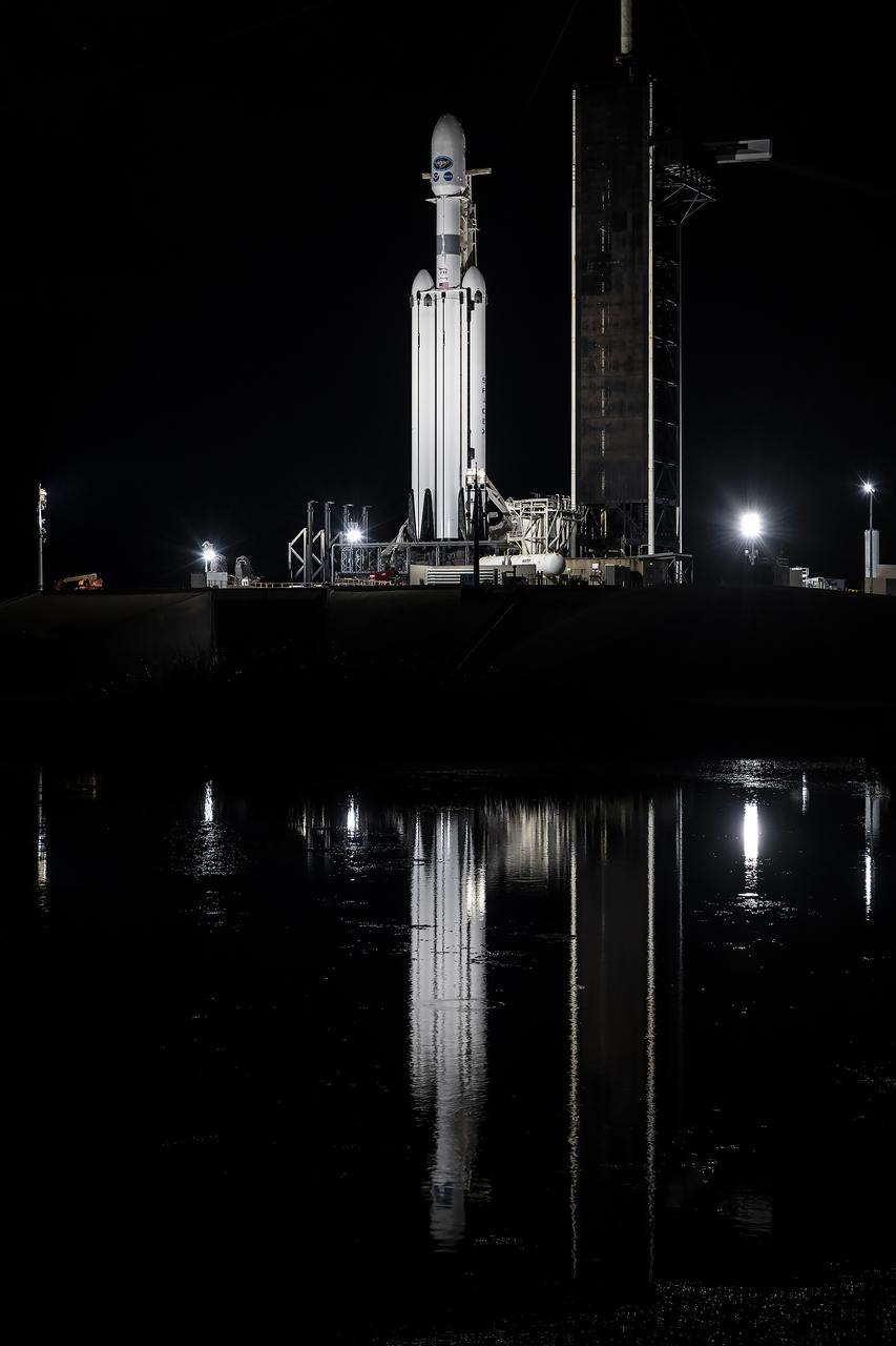 A SpaceX Falcon Heavy rocket carrying the National Oceanic and Atmospheric Administration (NOAA) GOES-U (Geostationary Operational Environmental Satellite U) stands vertical at Launch Complex 39A at NASA’s Kennedy Space Center in Florida on Monday, June 24, 2024. The GOES-U satellite is the final satellite in the GOES-R series, which serves a critical role in providing continuous coverage of the Western Hemisphere, including monitoring tropical systems in the eastern Pacific and Atlantic oceans. The two-hour launch window opens at 5:16 p.m. EDT. on Tuesday, June 25, 2024.
