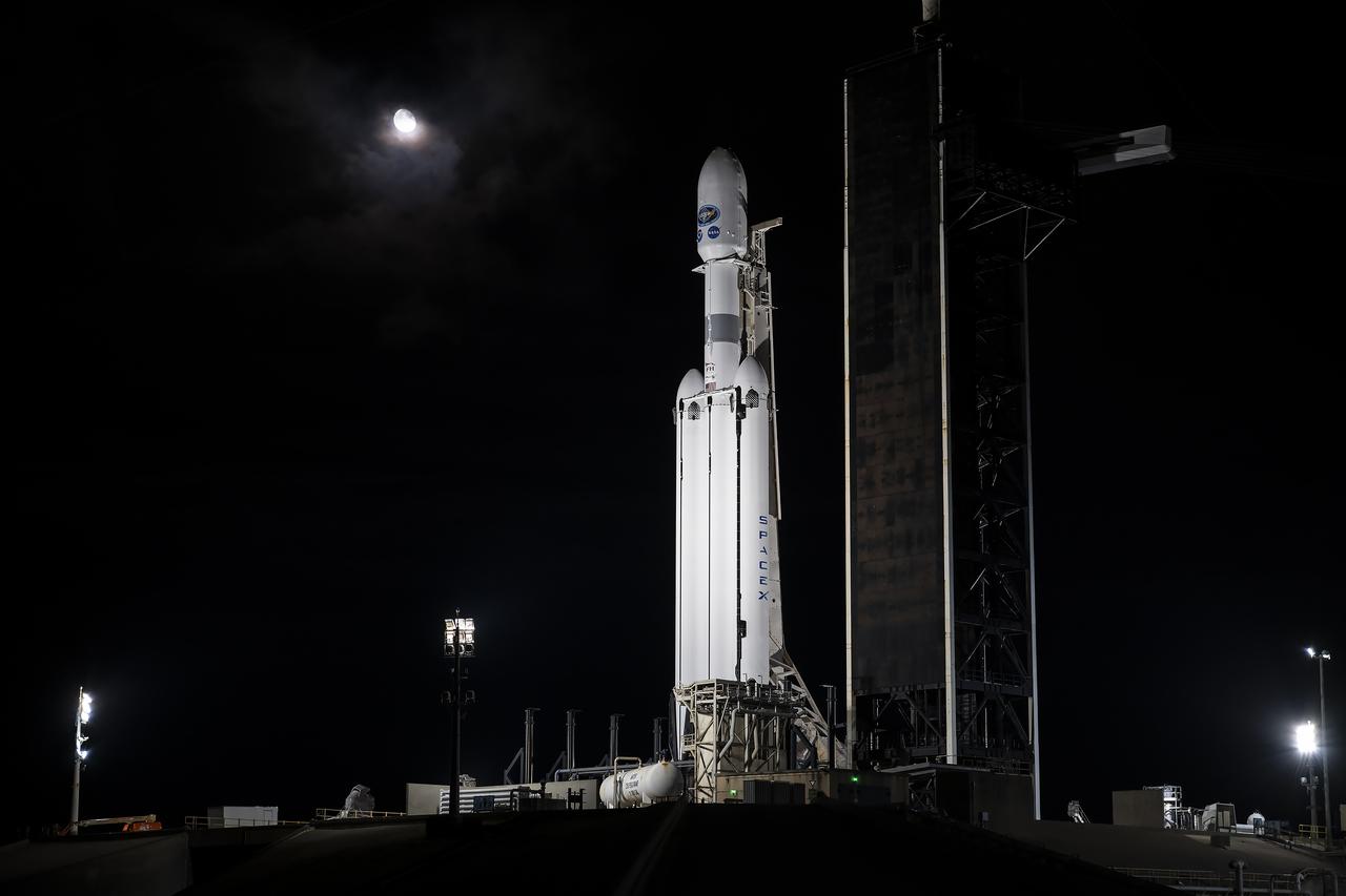A SpaceX Falcon Heavy rocket carrying the National Oceanic and Atmospheric Administration (NOAA) GOES-U (Geostationary Operational Environmental Satellite U) stands vertical at Launch Complex 39A at NASA’s Kennedy Space Center in Florida on Monday, June 24, 2024. The GOES-U satellite is the final satellite in the GOES-R series, which serves a critical role in providing continuous coverage of the Western Hemisphere, including monitoring tropical systems in the eastern Pacific and Atlantic oceans. The two-hour launch window opens at 5:16 p.m. EDT. on Tuesday, June 25, 2024.
