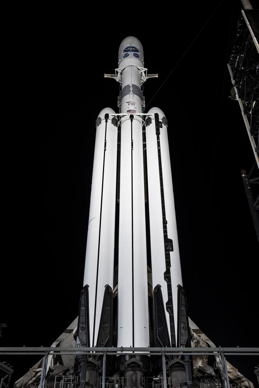 A SpaceX Falcon Heavy rocket carrying the National Oceanic and Atmospheric Administration (NOAA) GOES-U (Geostationary Operational Environmental Satellite U) stands vertical at Launch Complex 39A at NASA’s Kennedy Space Center in Florida on Monday, June 24, 2024. The GOES-U satellite is the final satellite in the GOES-R series, which serves a critical role in providing continuous coverage of the Western Hemisphere, including monitoring tropical systems in the eastern Pacific and Atlantic oceans. The two-hour launch window opens at 5:16 p.m. EDT. on Tuesday, June 25, 2024.