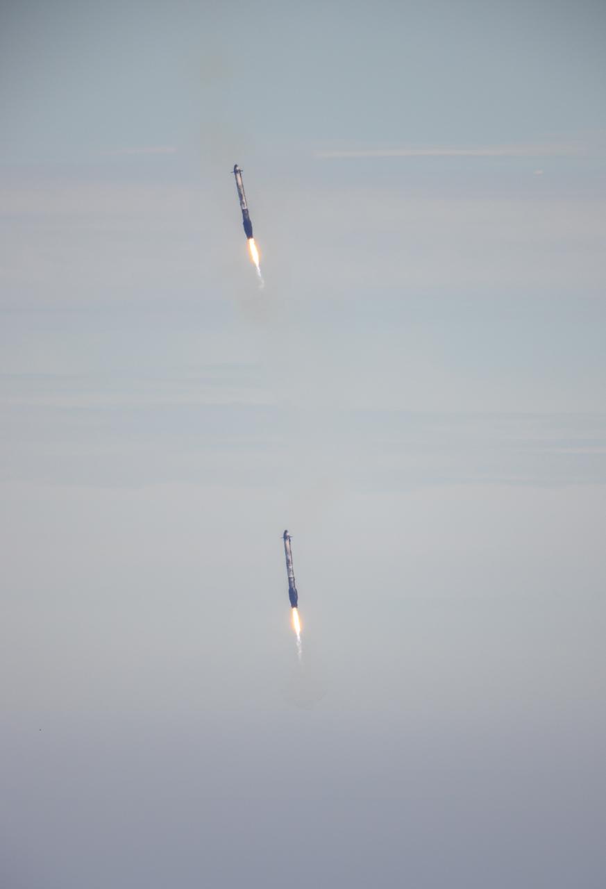 The SpaceX Falcon Heavy dual side boosters return to SpaceX Landing Zones 1 and 2 at Cape Canaveral Space Force Station in Florida. The rocket carrying NOAA’s (National Oceanic and Atmospheric Administration) Geostationary Operational Environmental Satellite (GOES-U) launched from NASA’s Kennedy Space Center in Florida on Tuesday, June 25, 2024.