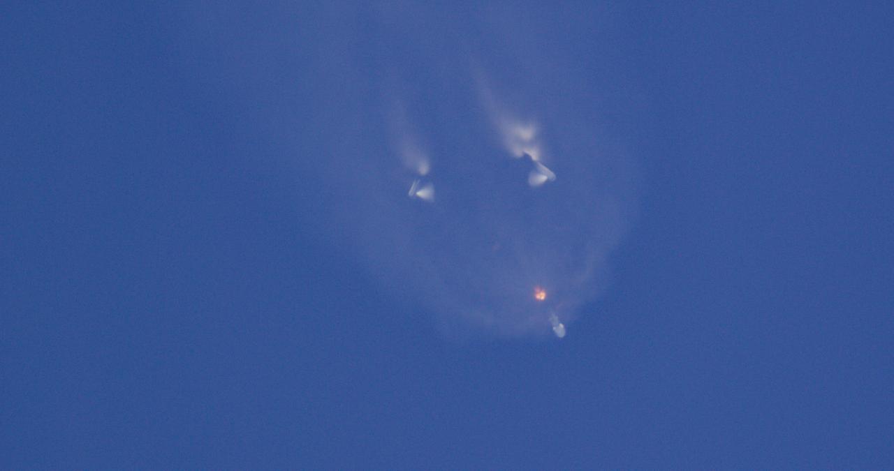 Side boosters separate from the center core on the SpaceX Falcon Heavy rocket carrying the National Oceanic and Atmospheric Administration (NOAA) GOES-U (Geostationary Operational Environmental Satellite U) after it lifts off from Launch Complex 39A at NASA’s Kennedy Space Center in Florida on Tuesday, June 25, 2024. The GOES-U satellite is the final satellite in the GOES-R series, which serves a critical role in providing continuous coverage of the Western Hemisphere, including monitoring tropical systems in the eastern Pacific and Atlantic oceans.