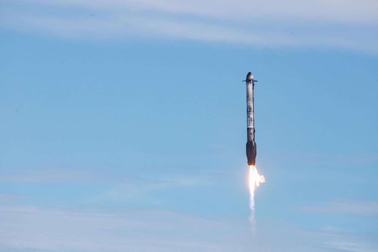 A SpaceX Falcon Heavy side booster lands at Cape Canaveral Space Force Station in Florida after the rocket launched NOAA’s (National Oceanic and Atmospheric Administration) Geostationary Operational Environmental Satellite (GOES-U) from NASA’s Kennedy Space Center in Florida on Tuesday, June 25, 2024.