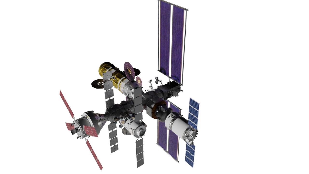 An artist’s rendering displays a configuration of the lunar-orbiting Gateway space station’s modules and visiting spacecraft. The core elements of Gateway consist of the Habitation and Logistics Outpost (HALO) element, the Power and Propulsion Element (PPE), and Lunar I-Hab. Visiting vehicles include the Orion spacecraft, the Logistics Module, and the Human Landing System. Gateway is built in collaboration with NASA’s commercial and international partners to serve as a multiuse space port for lunar science as humanity’s first place to live and work in lunar orbit.