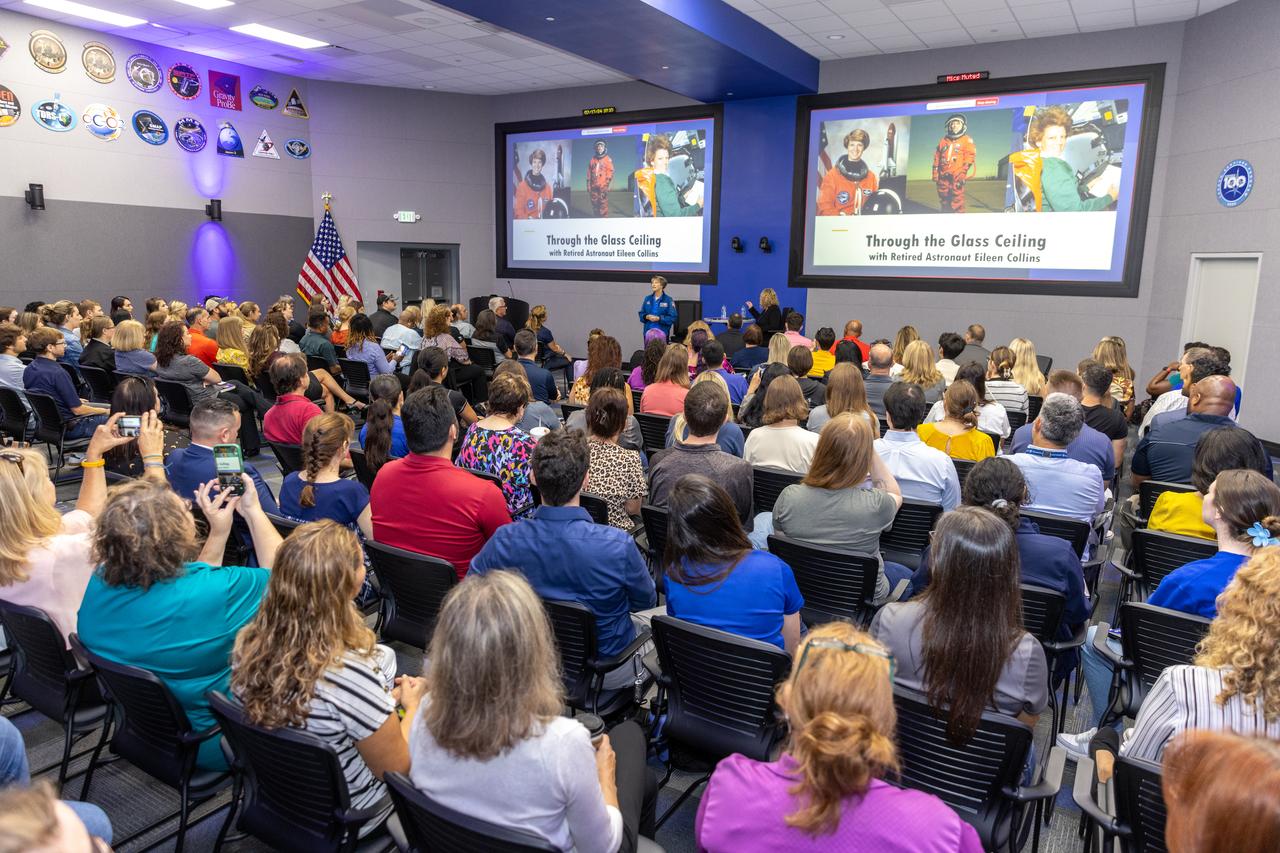 Retired NASA astronaut Eileen Collins participates in a special presentation and question and answer session inside the Neil A. Armstrong Operations and Checkout Building’s Mission Briefing Room at the agency’s Kennedy Space Center in Florida on Wednesday, July 17, 2024. Collins visited NASA Kennedy in celebration of the 25th anniversary of becoming the first woman to command a space mission during STS-93, in which space shuttle Columbia lifted off from the spaceport’s Launch Complex 39B on July 23, 1999.