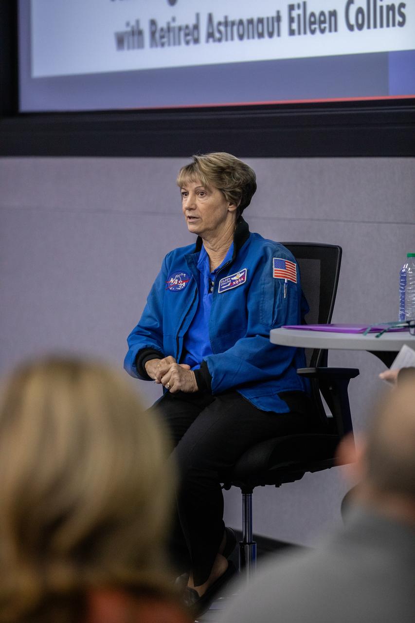 Retired NASA astronaut Eileen Collins participates in a special presentation and question and answer session inside the Neil A. Armstrong Operations and Checkout Building’s Mission Briefing Room at the agency’s Kennedy Space Center in Florida on Wednesday, July 17, 2024. Collins visited NASA Kennedy in celebration of the 25th anniversary of becoming the first woman to command a space mission during STS-93, in which space shuttle Columbia lifted off from the spaceport’s Launch Complex 39B on July 23, 1999.