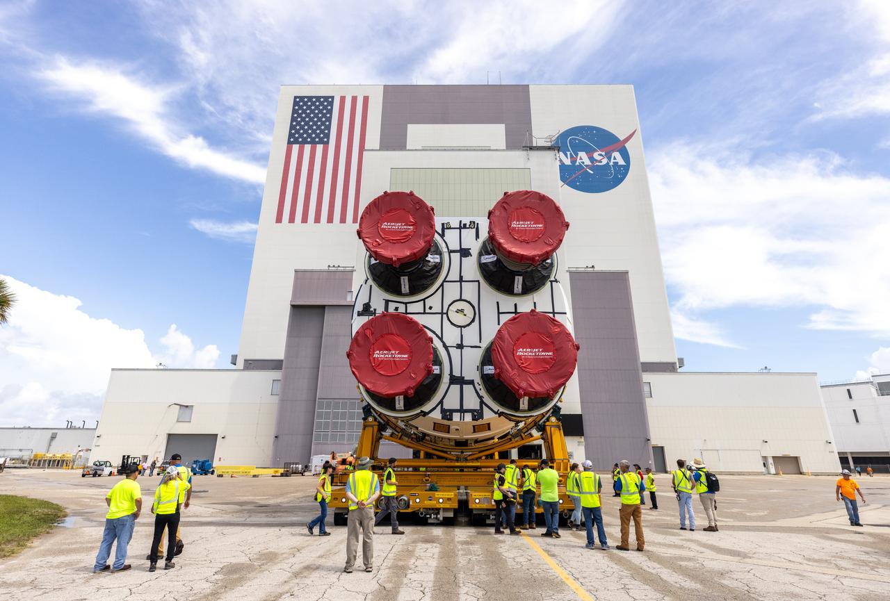 After completing its journey from NASA’s Michoud Assembly Facility in New Orleans aboard the Pegasus barge, teams with Exploration Ground Systems (EGS) transport the agency’s powerful SLS (Space Launch System) core stage to NASA’s Kennedy Space Center’s Vehicle Assembly Building in Florida on Wednesday, July 24, 2024. Once inside, SLS will be prepared for integration atop the mobile launcher ahead of the Artemis II launch.