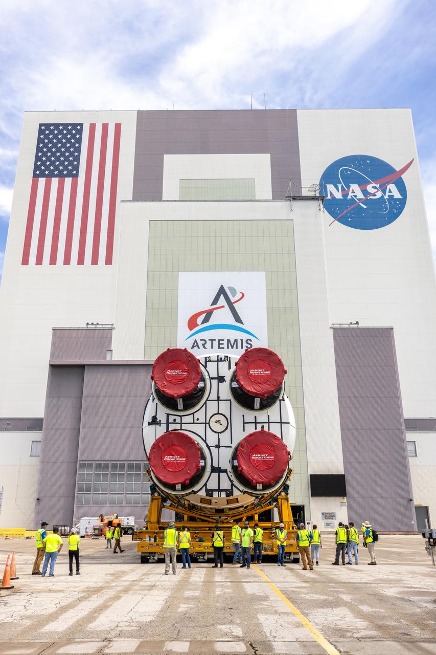 After completing its journey from NASA’s Michoud Assembly Facility in New Orleans aboard the Pegasus barge, teams with Exploration Ground Systems (EGS) transport the agency’s powerful SLS (Space Launch System) core stage to NASA’s Kennedy Space Center’s Vehicle Assembly Building in Florida on Wednesday, July 24, 2024. Once inside, SLS will be prepared for integration atop the mobile launcher ahead of the Artemis II launch.