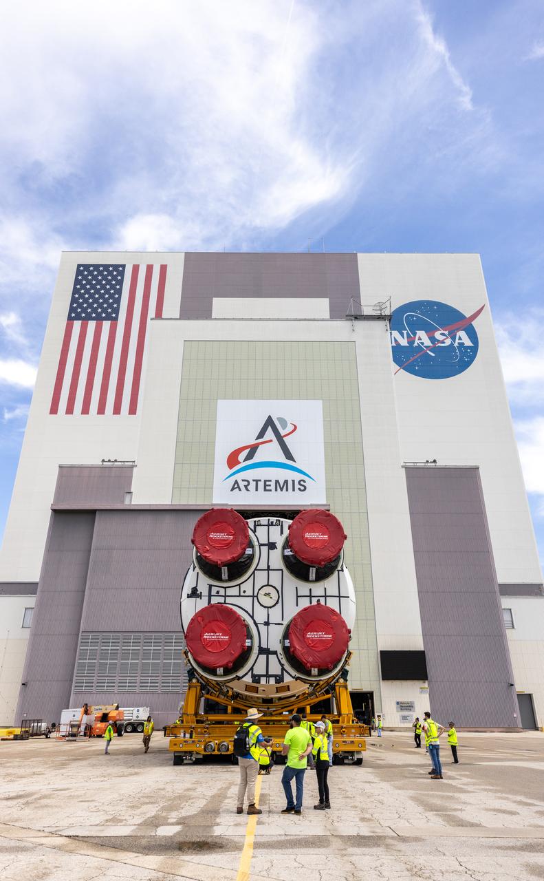 After completing its journey from NASA’s Michoud Assembly Facility in New Orleans aboard the Pegasus barge, teams with Exploration Ground Systems (EGS) transport the agency’s powerful SLS (Space Launch System) core stage to NASA’s Kennedy Space Center’s Vehicle Assembly Building in Florida on Wednesday, July 24, 2024. Once inside, SLS will be prepared for integration atop the mobile launcher ahead of the Artemis II launch.