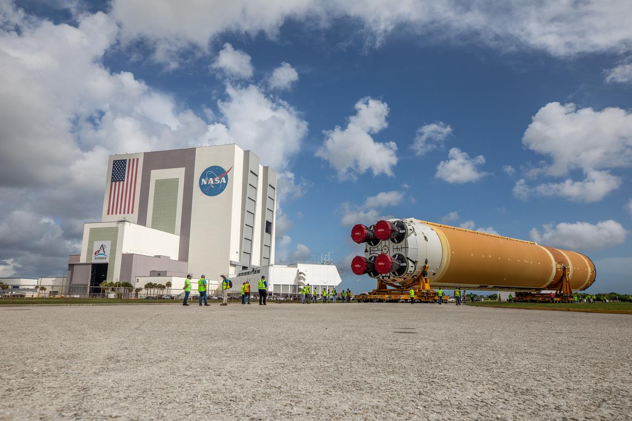 After completing its journey from NASA’s Michoud Assembly Facility in New Orleans aboard the Pegasus barge, teams with Exploration Ground Systems (EGS) transport the agency’s powerful SLS (Space Launch System) core stage to NASA’s Kennedy Space Center’s Vehicle Assembly Building in Florida on Wednesday, July 24, 2024. Once inside, SLS will be prepared for integration atop the mobile launcher ahead of the Artemis II launch. 