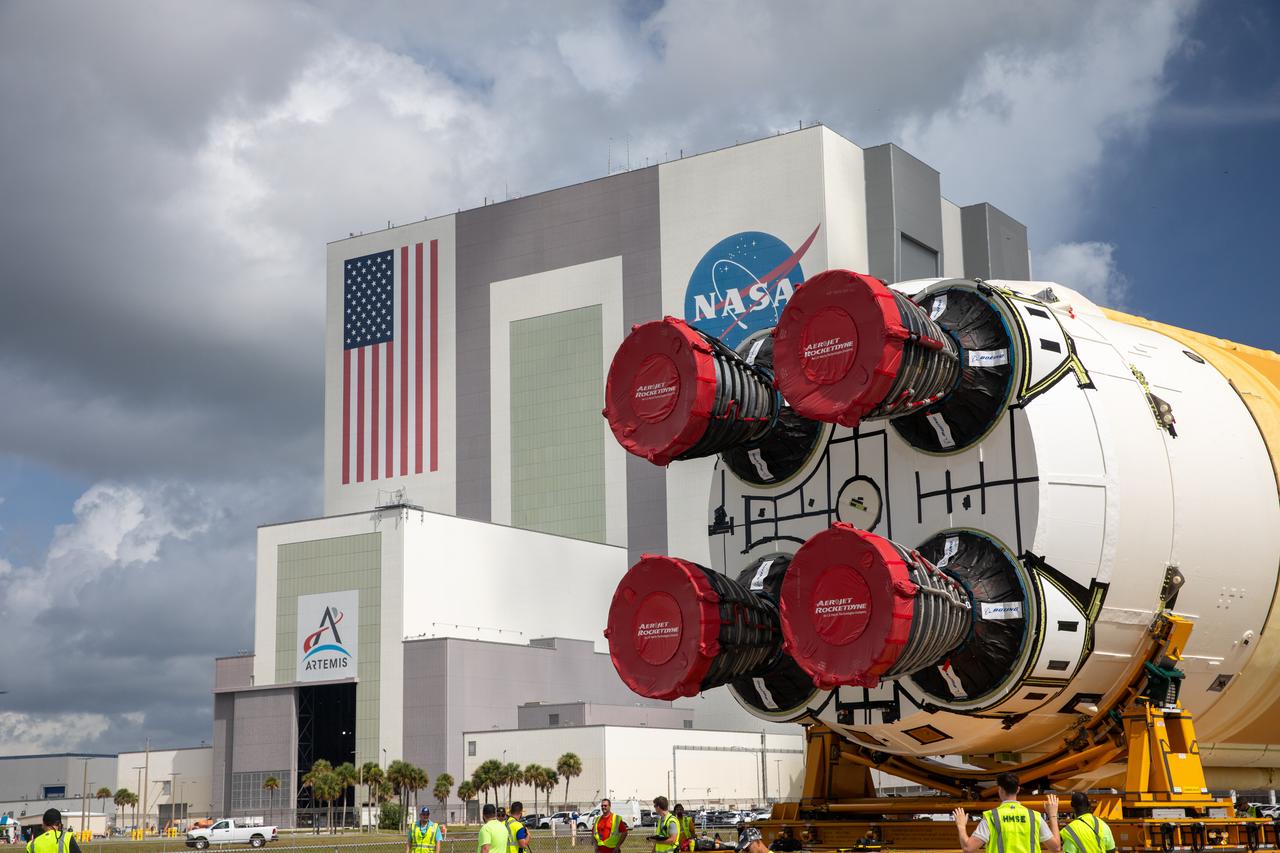 After completing its journey from NASA’s Michoud Assembly Facility in New Orleans aboard the Pegasus barge, teams with Exploration Ground Systems (EGS) transport the agency’s powerful SLS (Space Launch System) core stage to Kennedy Space Center’s Vehicle Assembly Building in Florida on Wednesday, July 24, 2024. Once inside, SLS will be prepared for integration atop the mobile launcher ahead of the Artemis II launch. 