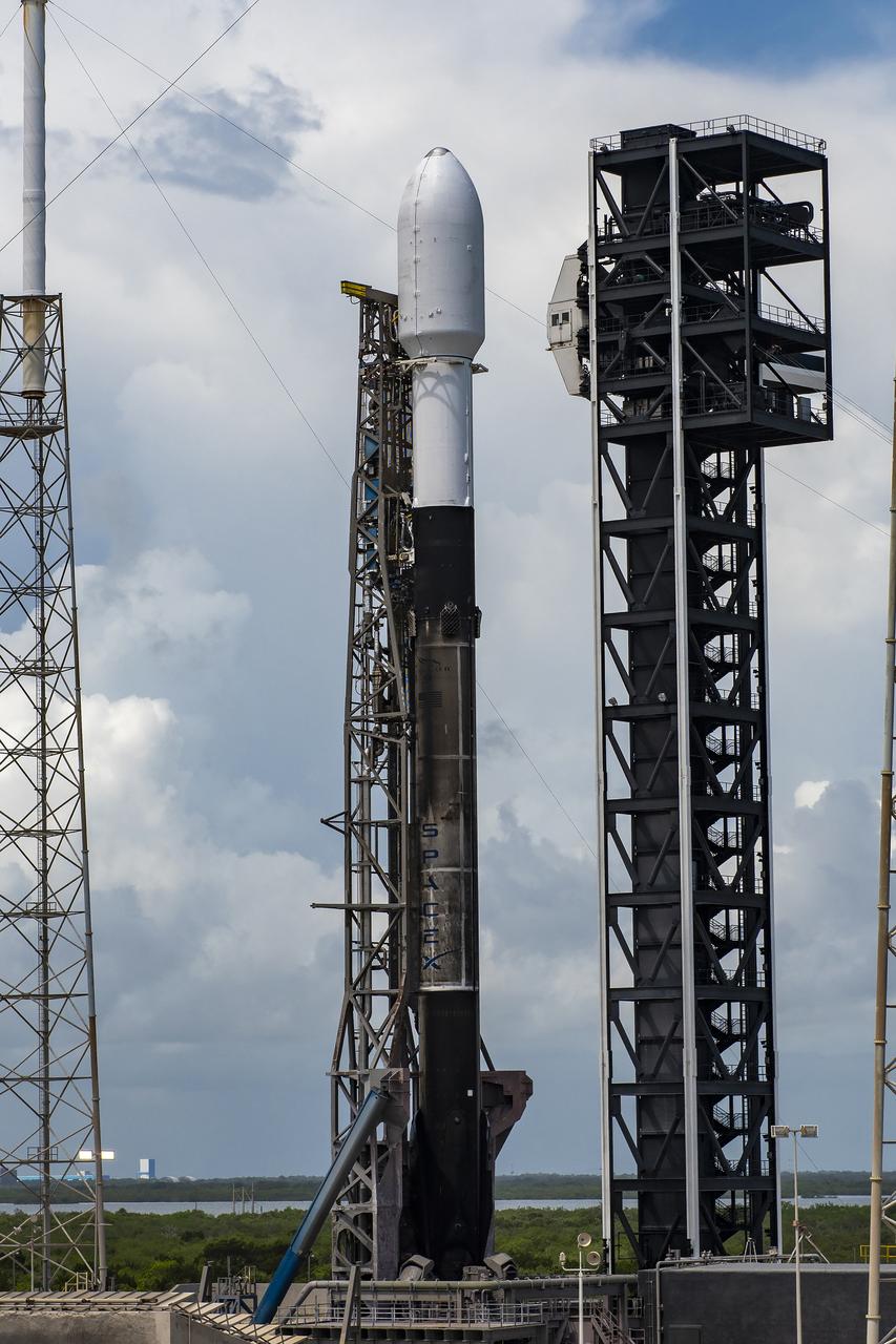 A Northrop Grumman Cygnus resupply spacecraft, atop a SpaceX Falcon 9 rocket, stands tall at Space Launch Complex 40 at Cape Canaveral Space Force Station in Florida on Sunday, Aug. 4, 2024, in preparation for a launch to the International Space Station. Cygnus will deliver 8,200 pounds of scientific investigations and cargo to the international crew.
