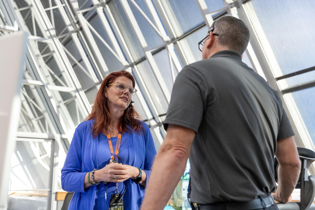 Charlie Blackwell-Thompson, Artemis launch director, Exploration Ground Systems at NASA’s Kennedy Space Center in Florida, participates in an emergency escape or egress demonstration simulation for the Artemis II mission inside Firing Room 1 in the Launch Control Center at NASA’s Kennedy on Monday, Aug. 12, 2024. Other members of the closeout crew, pad rescue team, and the Exploration Ground Systems Program performed emergency egress demonstrations during a series of integrated system verification tests at Launch Pad 39B in preparation for the Artemis II launch.