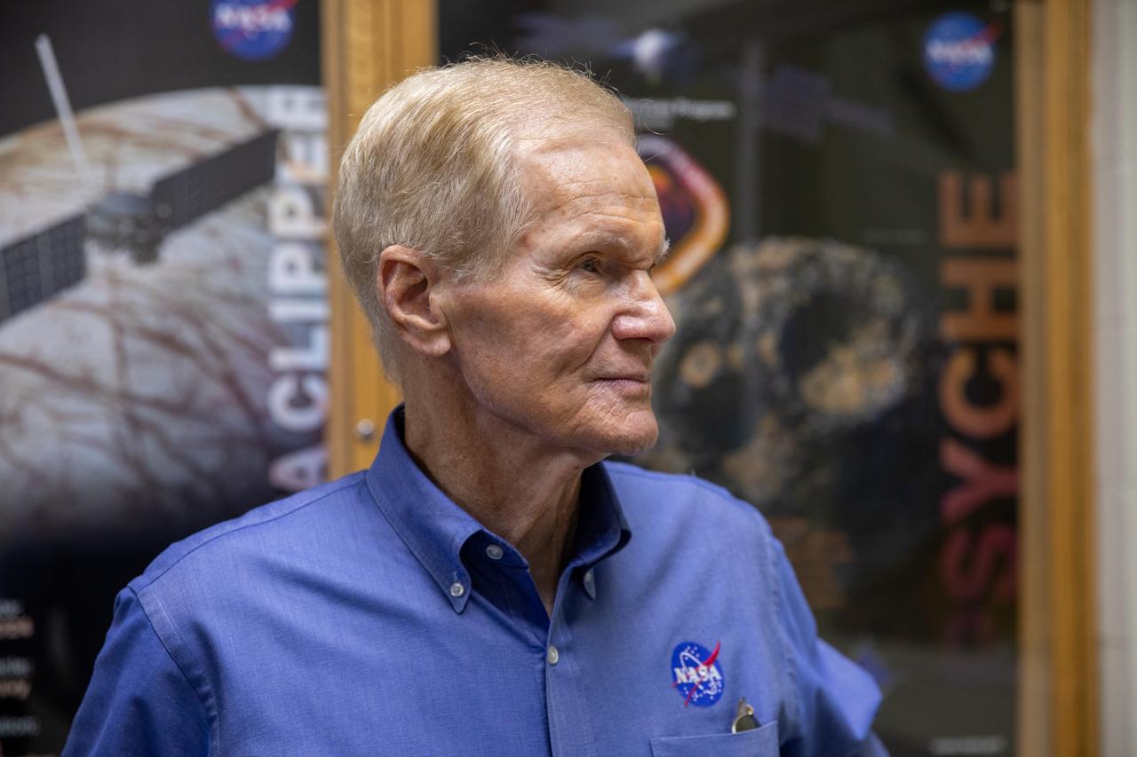 NASA Administrator Bill Nelson visits the agency’s Europa Clipper spacecraft inside the Payload Hazardous Servicing Facility at NASA’s Kennedy Space Center in Florida on Thursday, Aug. 29, 2024. Scheduled to launch later this year, Europa Clipper will embark on a 1.8-billion-mile (2.6-billion-kilometer) journey to Jupiter. It is the largest spacecraft NASA has developed for a planetary mission. Set to arrive in April 2030, it will study the gas giant’s icy moon, Europa, to determine its potential to support life.