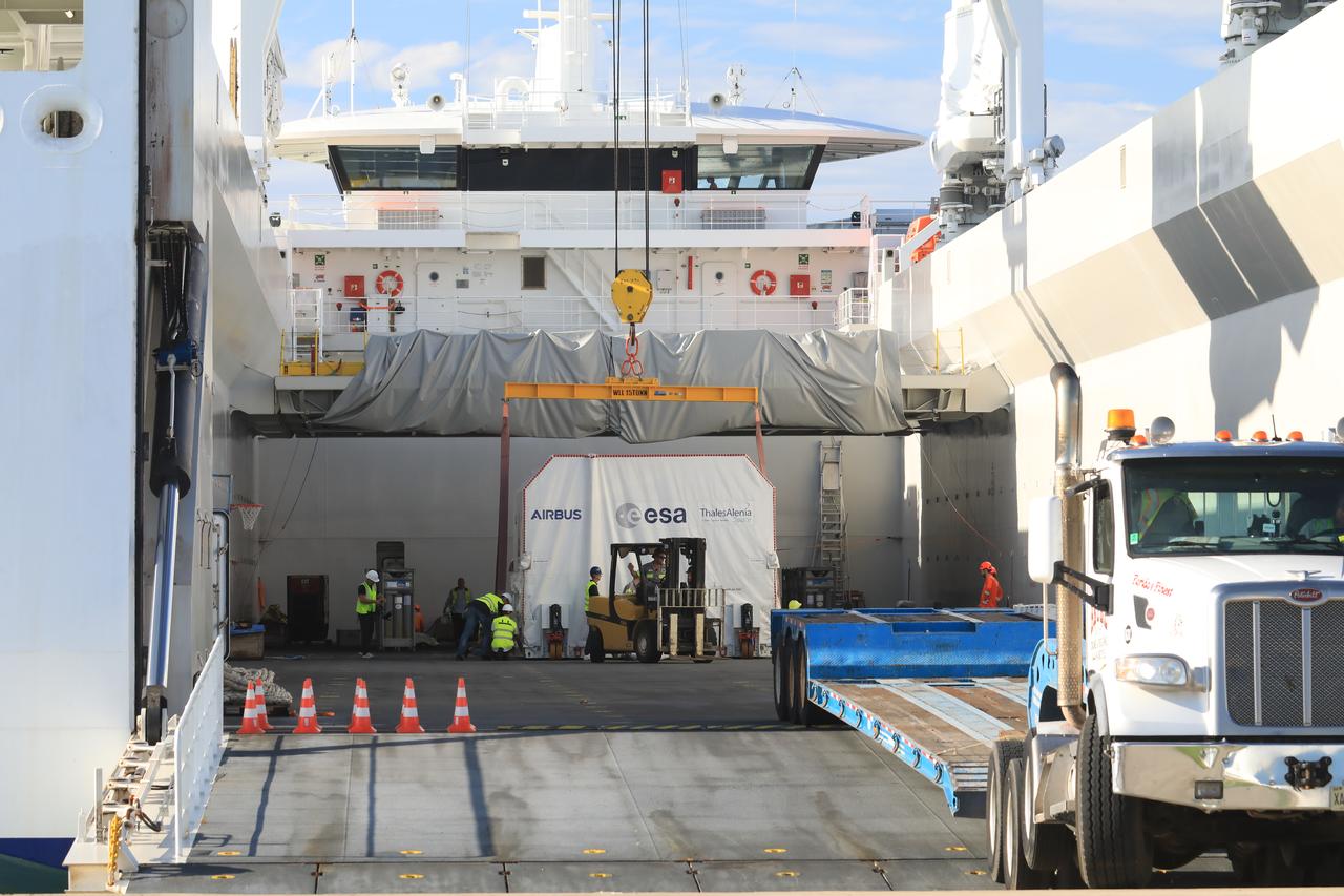 The transport carrier containing the European Service Module 3 for NASA’s Artemis III mission arrives at Port Canaveral on Tuesday, Sept. 3, 2024, awaiting transportation to NASA’s Kennedy Space Center in Florida. The European Service Module 3, which is assembled by Airbus in Bremen, Germany, traveled 10 days across the Atlantic Ocean via the Canopee ship. The European Service Module 3 provides the spacecraft’s propulsion, thermal control, electrical power, and life support systems. Artemis III will send four astronauts to the lunar orbit where two crew members will spend a week near the South Pole of the Moon conducting new science.  