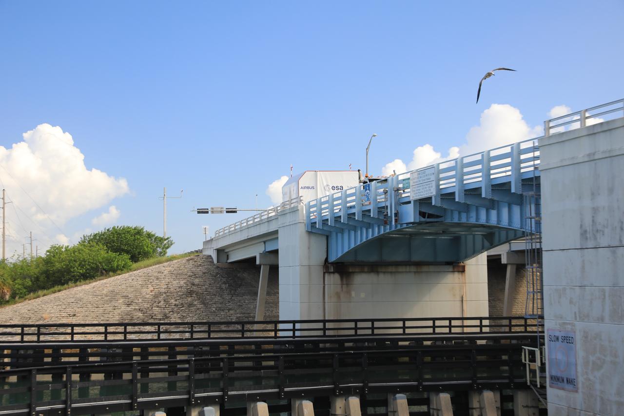 The transport carrier containing the European Service Module 3 for NASA’s Artemis III mission arrives at Port Canaveral on Tuesday, Sept. 3, 2024, awaiting transportation to NASA’s Kennedy Space Center in Florida. The European Service Module 3, which is assembled by Airbus in Bremen, Germany, traveled 10 days across the Atlantic Ocean via the Canopee ship. The European Service Module 3 provides the spacecraft’s propulsion, thermal control, electrical power, and life support systems. Artemis III will send four astronauts to the lunar orbit where two crew members will spend a week near the South Pole of the Moon conducting new science.  