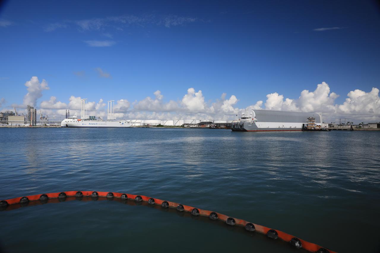 NASA’s Pegasus barge, carrying several pieces of the Artemis campaign hardware, along with the ESA (European Space Agency) ship carrying European Service Module 3 for NASA’s Artemis III mission arrives at Port Canaveral on Tuesday, Sept. 3, 2024, awaiting transportation to NASA’s Kennedy Space Center in Florida. Through the Artemis campaign, we are exploring the Moon for scientific discovery, technology advancement, and to learn how to live and work on another world.  