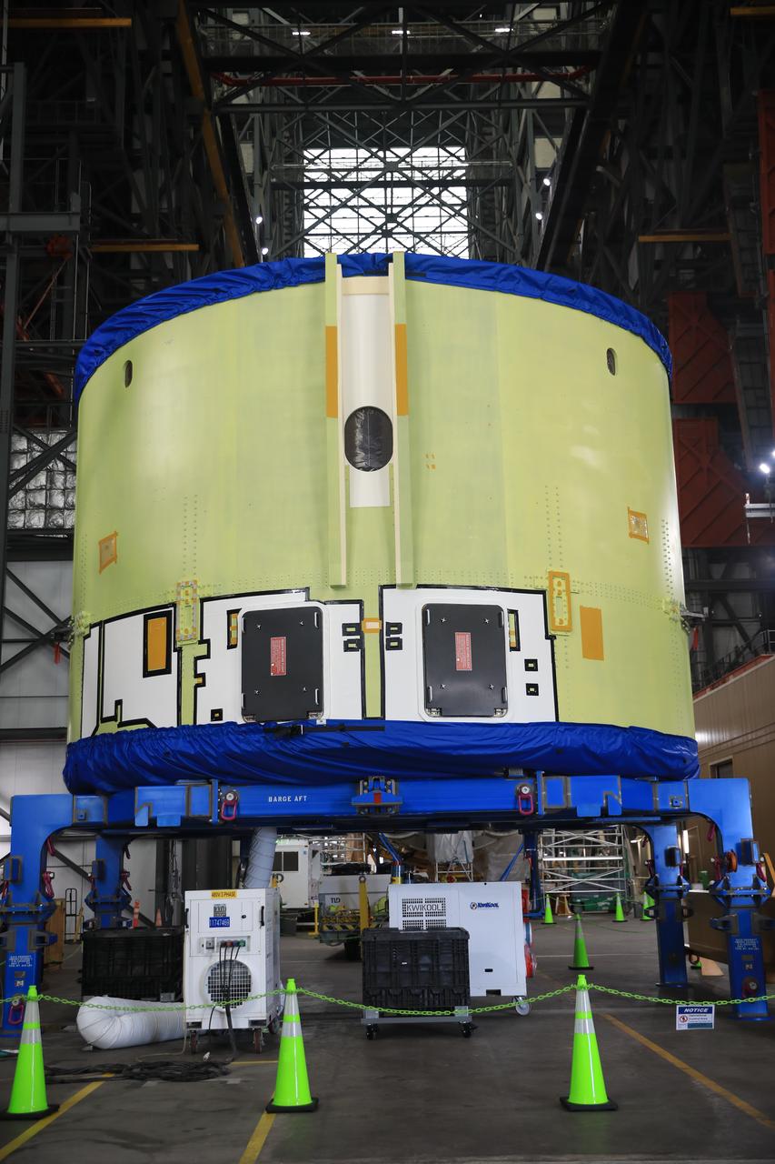 NASA’s Artemis IV SLS (Space Launch System) core stage engine section which houses the four RS-25 engines, arrives at the Vehicle Assembly Building at NASA’s Kennedy Space Center in Florida on Monday, Sept. 9, 2024. NASA’s Pegasus barge delivered the core stage engine section, along with other hardware for future Artemis campaigns, from NASA’s Michoud Assembly Facility in New Orleans, Louisiana to NASA Kennedy on Thursday, Sept. 5, 2024.