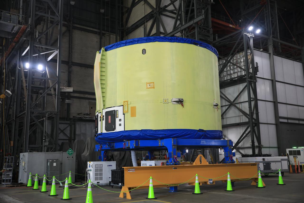 NASA’s Artemis IV SLS (Space Launch System) core stage engine section which houses the four RS-25 engines, arrives at the Vehicle Assembly Building at NASA’s Kennedy Space Center in Florida on Monday, Sept. 9, 2024. NASA’s Pegasus barge delivered the core stage engine section, along with other hardware for future Artemis campaigns, from NASA’s Michoud Assembly Facility in New Orleans, Louisiana to NASA Kennedy on Thursday, Sept. 5, 2024.
