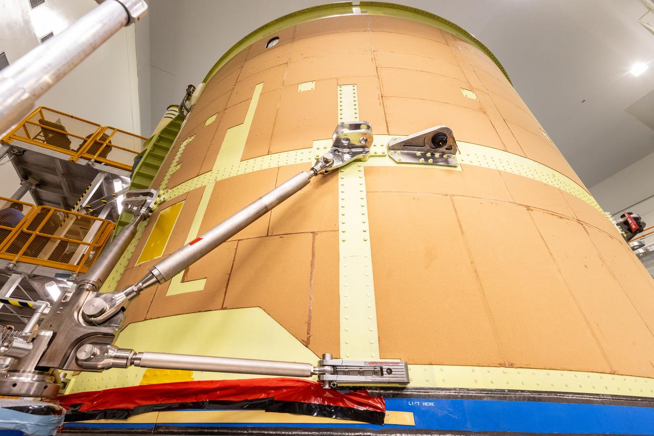 Teams at NASA’s Kennedy Space Center in Florida installed four “quad pods” around the Artemis III core stage engine section inside the spaceport’s Space Systems Processing Facility on Tuesday, Sept. 10, 2024. These structures are used to support the engine assembly during operations. The engine section will be transferred to the NASA Kennedy’s Vehicle Assembly Building for final integration. 