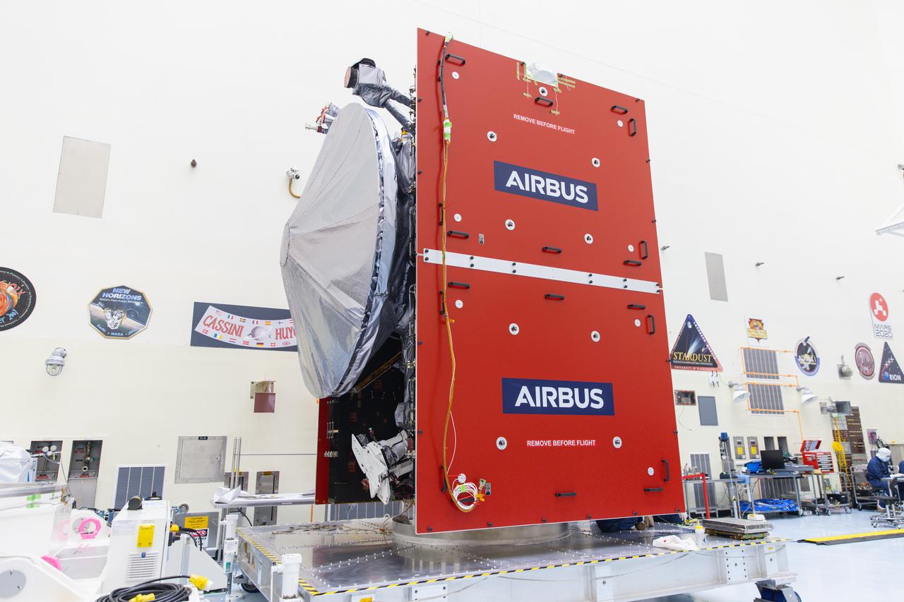 Technicians work to complete operations before propellant load occurs ahead of launch for NASA’s Europa Clipper spacecraft inside the Payload Hazardous Servicing Facility at the agency’s Kennedy Space Center in Florida on Tuesday, Sept. 11, 2024. Europa could have all the “ingredients” for life as we know it: water, organics, chemical energy, and stability. Europa Clipper’s launch period opens on October 10, 2024. 