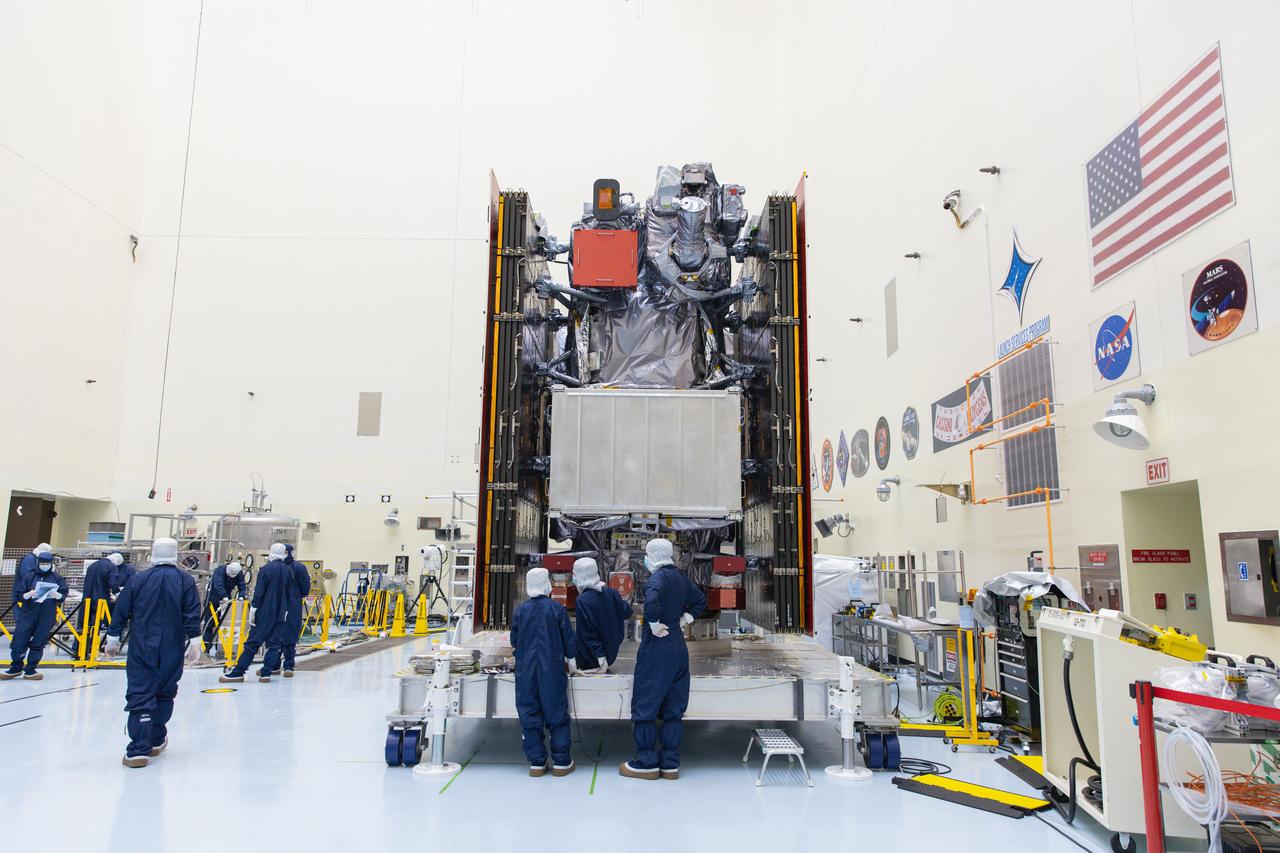 Technicians work to complete operations before propellant load occurs ahead of launch for NASA’s Europa Clipper spacecraft inside the Payload Hazardous Servicing Facility at the agency’s Kennedy Space Center in Florida on Tuesday, Sept. 11, 2024. Europa could have all the “ingredients” for life as we know it: water, organics, chemical energy, and stability. Europa Clipper’s launch period opens on October 10, 2024. 