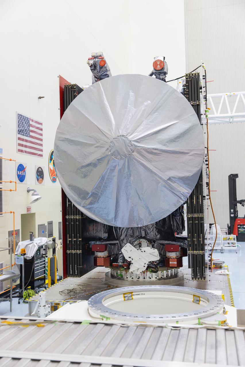 Technicians work to complete operations before propellant load occurs ahead of launch for NASA’s Europa Clipper spacecraft inside the Payload Hazardous Servicing Facility at the agency’s Kennedy Space Center in Florida on Tuesday, Sept. 11, 2024. Europa could have all the “ingredients” for life as we know it: water, organics, chemical energy, and stability. Europa Clipper’s launch period opens on October 10, 2024. 