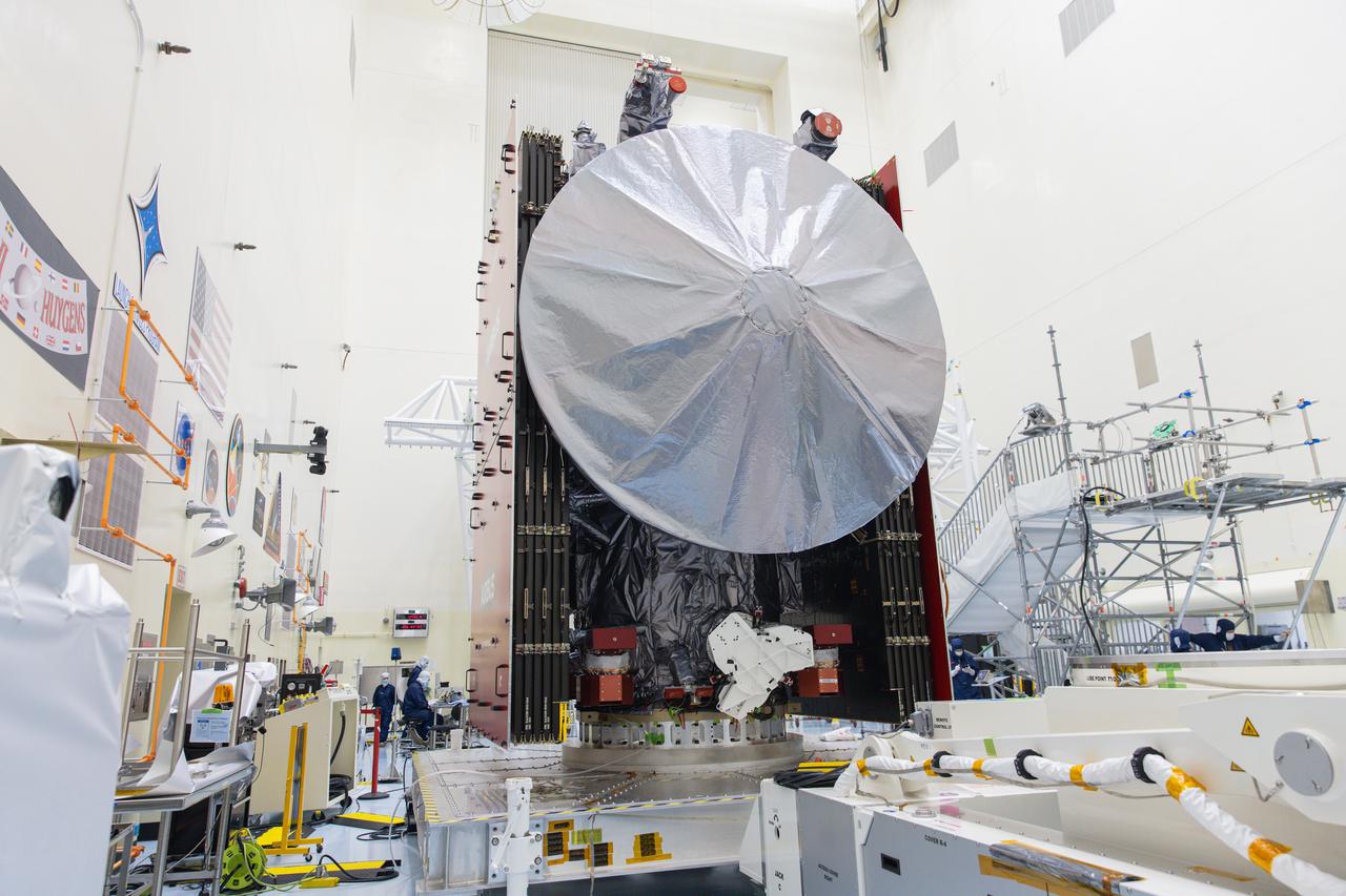 Technicians work to complete operations before propellant load occurs ahead of launch for NASA’s Europa Clipper spacecraft inside the Payload Hazardous Servicing Facility at the agency’s Kennedy Space Center in Florida on Tuesday, Sept. 11, 2024. Europa could have all the “ingredients” for life as we know it: water, organics, chemical energy, and stability. Europa Clipper’s launch period opens on October 10, 2024. 