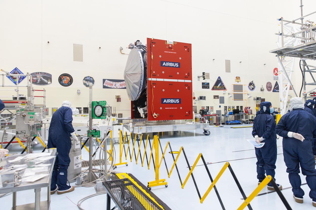 Technicians work to complete operations before propellant load occurs ahead of launch for NASA’s Europa Clipper spacecraft inside the Payload Hazardous Servicing Facility at the agency’s Kennedy Space Center in Florida on Tuesday, Sept. 11, 2024. Europa could have all the “ingredients” for life as we know it: water, organics, chemical energy, and stability. Europa Clipper’s launch period opens on October 10, 2024.