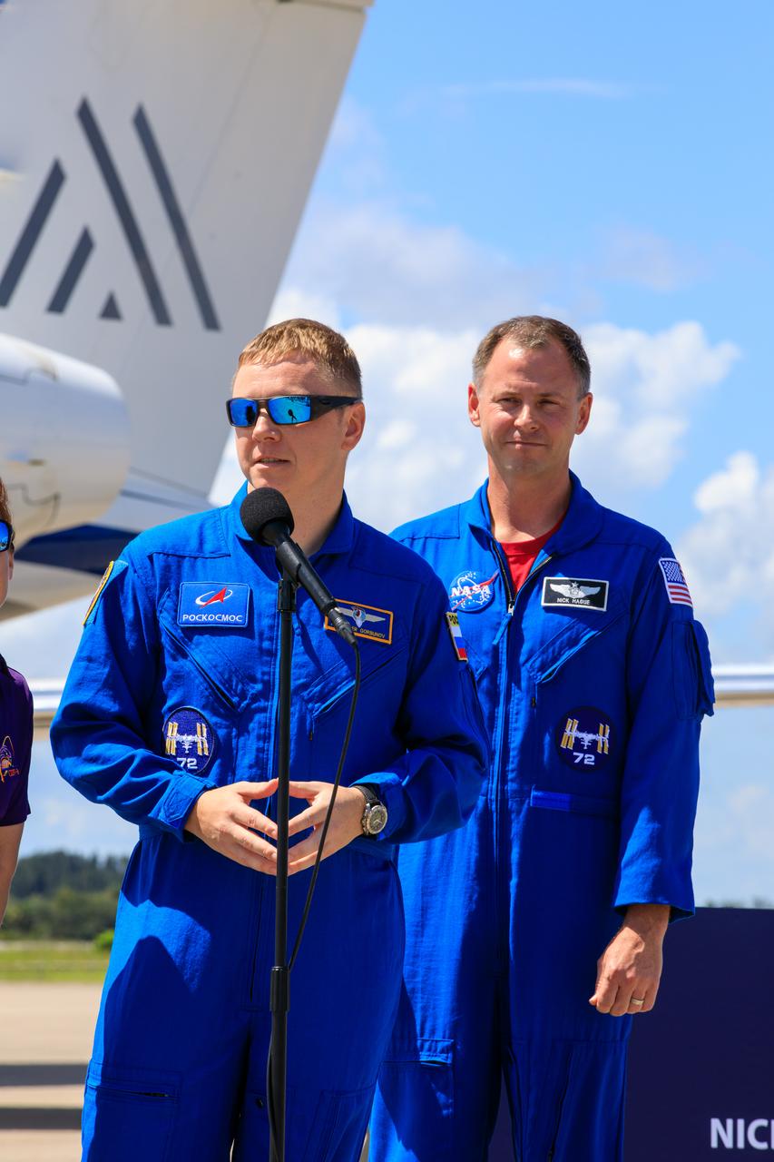 Representatives from NASA participate in a media event at the agency’s Kennedy Space Center in Florida on Saturday, Sept. 21, upon the arrival of NASA astronaut Nick Hague, commander, and Roscosmos cosmonaut Aleksandr Gorbunov, mission specialist, in advance of NASA’s SpaceX Crew-9 mission to the International Space Station as part of the agency’s Commercial Crew Program. Participants include Kelvin Manning, Kennedy Space Center deputy director, and Dana Hutcherson, deputy manager, NASA’s Commercial Crew Program. Launch is targeted for no earlier than 2:05 p.m. EDT Thursday, Sept. 26, 2024. The SpaceX Dragon spacecraft will launch on a Falcon 9 rocket from Space Launch Complex-40 at Cape Canaveral Space Force Station in Florida.