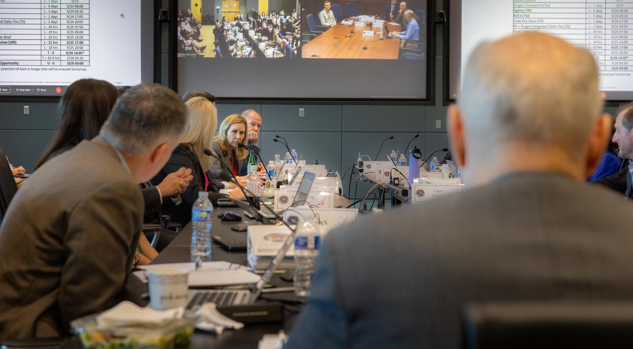 Managers with NASA and SpaceX, along with international partners, participate in NASA’s SpaceX Crew-9 Flight Readiness Review at the agency’s Kennedy Space Center in Florida on Monday, Sept. 23, 2024. Launch is targeted for 2:05 p.m. EDT Sept. 26, 2024, from Space Launch Complex-40 at Cape Canaveral Space Force Station in Florida. NASA astronaut Nick Hague and Roscosmos cosmonaut Aleksandr Gorbunov will launch to the International Space Station aboard SpaceX’s Dragon spacecraft and Falcon 9 rocket on the company’s ninth crew rotation mission for NASA as part of the agency’s Commercial Crew Program.