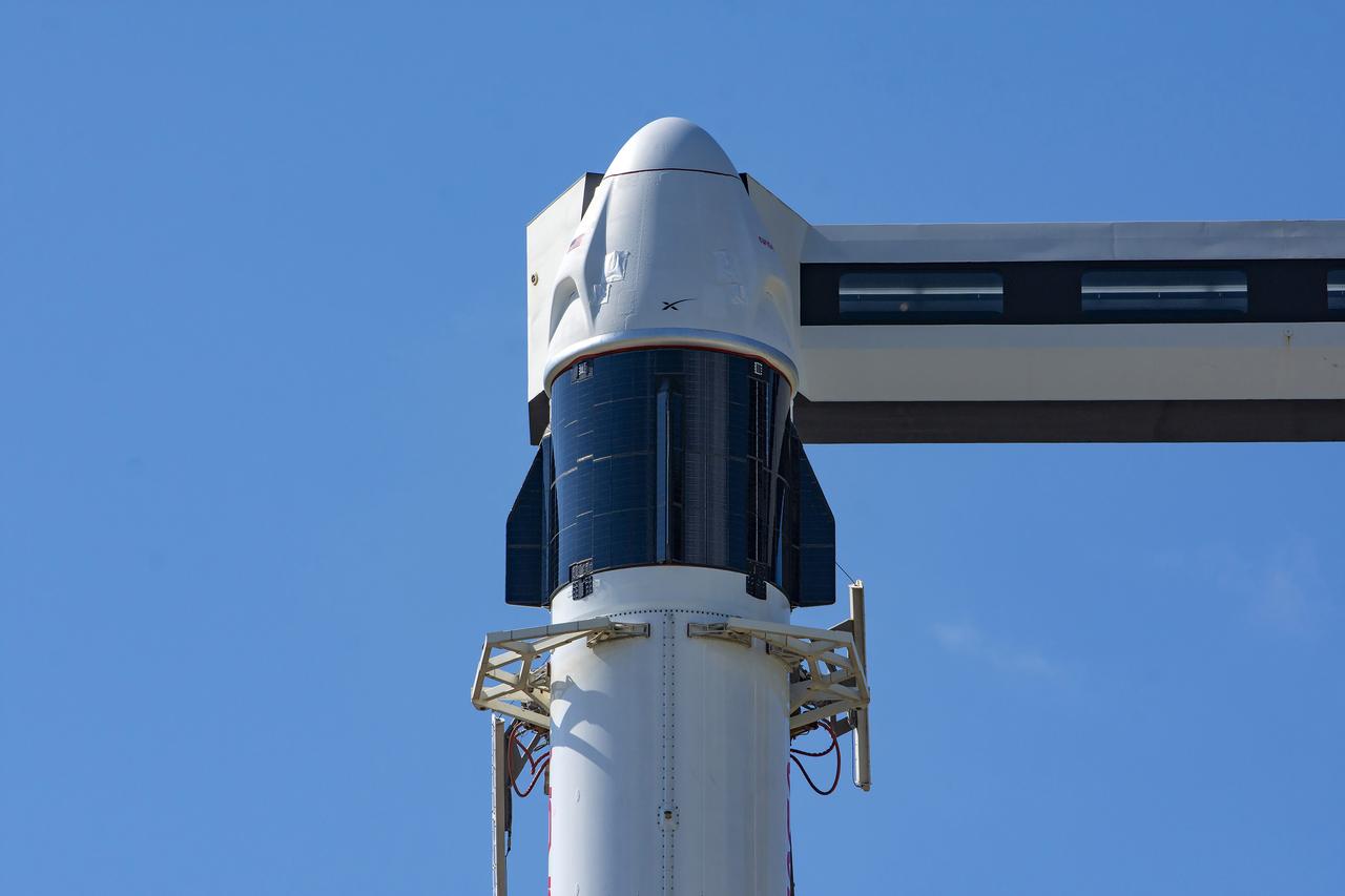 SpaceX’s Falcon 9 rocket, with the Dragon spacecraft atop, is vertical at the launch pad of Space Launch Complex-40 at Cape Canaveral Space Force Station in Florida on Tuesday, Sept. 24, 2024, ahead of NASA’s SpaceX Crew-9 launch to the International Space Station. NASA astronaut Nick Hague, commander, and Roscosmos cosmonaut Aleksandr Gorbunov, mission specialist, will launch to the orbiting laboratory on the company’s ninth crew rotation flight for NASA as part of the agency’s Commercial Crew Program. 
