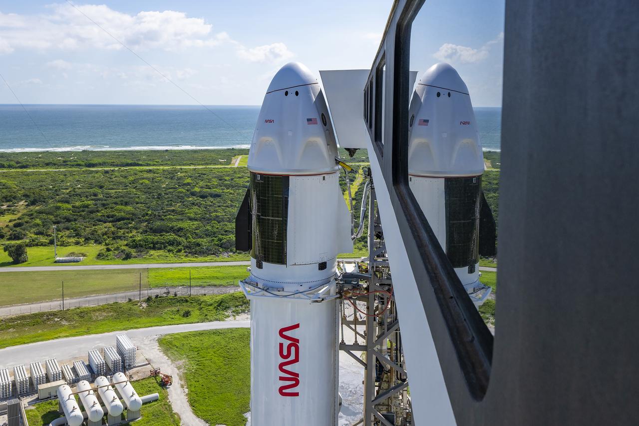 SpaceX’s Falcon 9 rocket, with the Dragon spacecraft atop, is vertical at the launch pad of Space Launch Complex-40 at Cape Canaveral Space Force Station in Florida on Tuesday, Sept. 24, 2024, ahead of NASA’s SpaceX Crew-9 launch to the International Space Station. NASA astronaut Nick Hague, commander, and Roscosmos cosmonaut Aleksandr Gorbunov, mission specialist, will launch to the orbiting laboratory on the company’s ninth crew rotation flight for NASA as part of the agency’s Commercial Crew Program. 